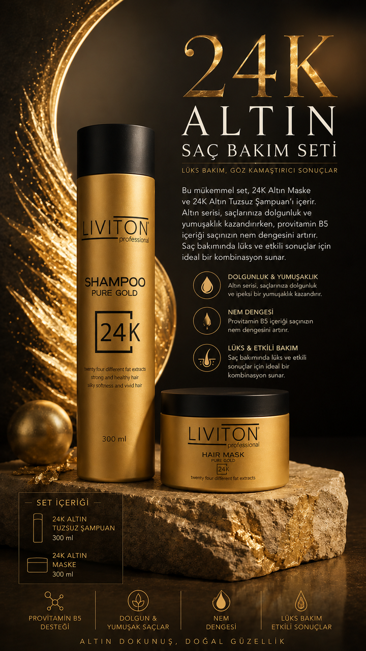 24K Gold Serisi Şampuan ve Maske Saç Bakım Seti - Lüks Onarıcı ve Parlatıcı