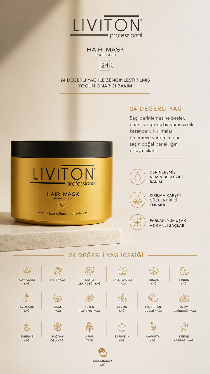 Pure Gold Serisi 24 Bitkisel Yağlı Altın Saç Maskesi - 300 ml Yoğun Bakım