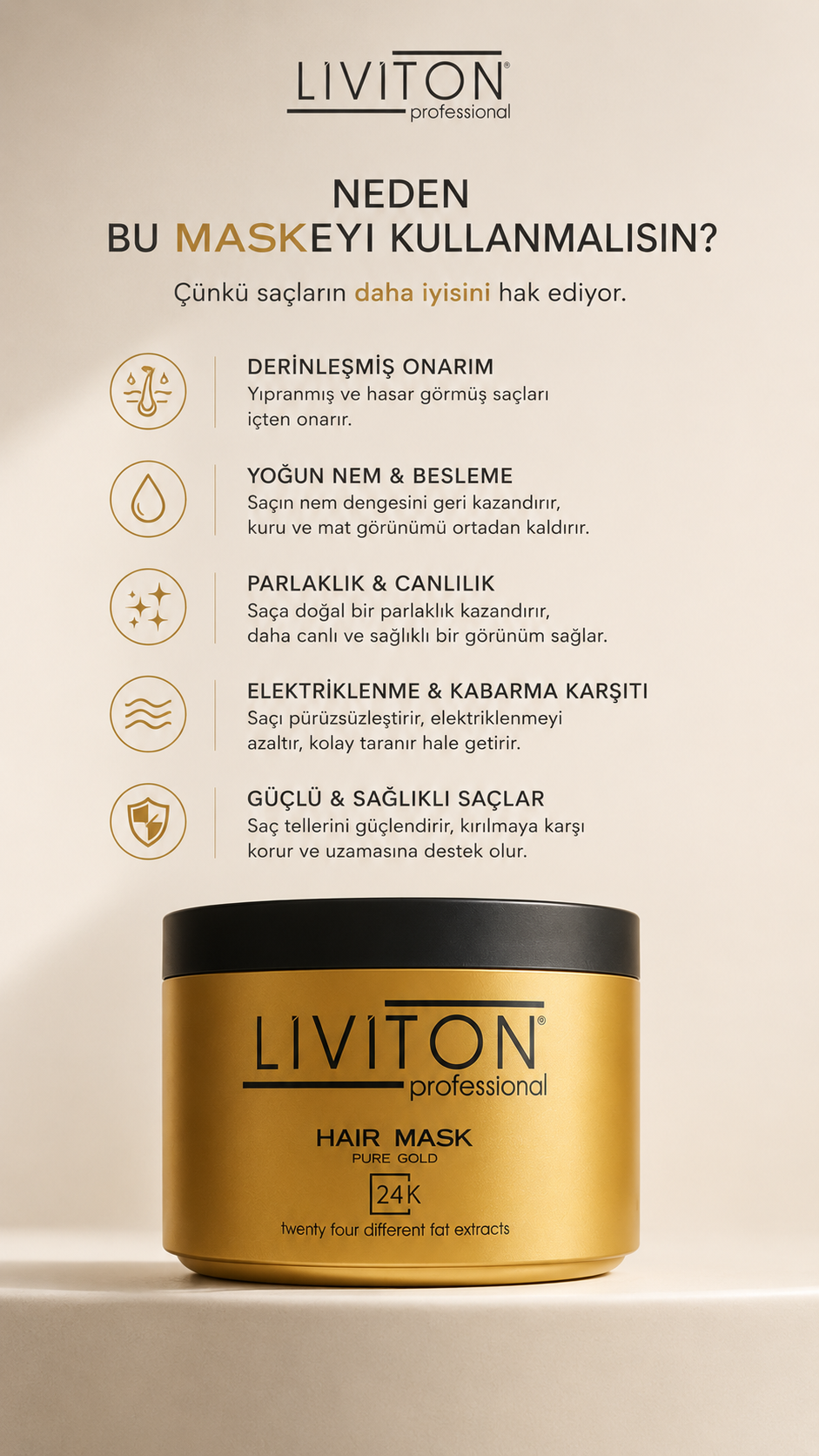 Pure Gold Serisi 24 Bitkisel Yağlı Altın Saç Maskesi - 300 ml Yoğun Bakım